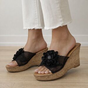 Patrizia Black Floral Wedge Slide Sandals – 4” Heel